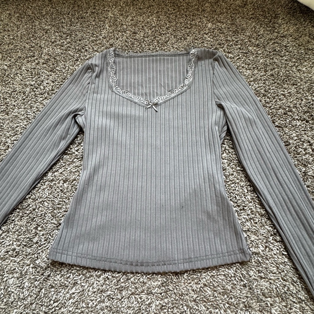 Gray Fitted Ribbed Blouse